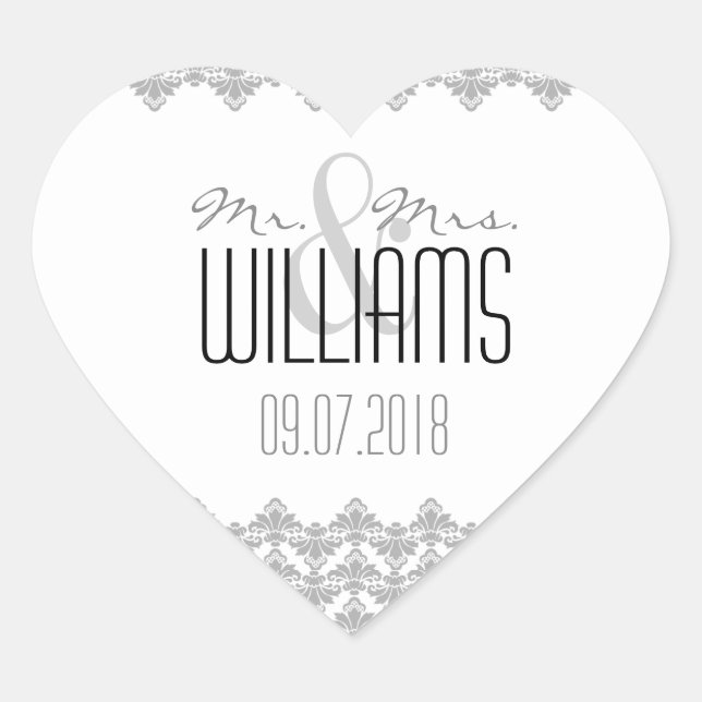PH&D Wedding Heart Sticker Grey 2 White Damask (Front)