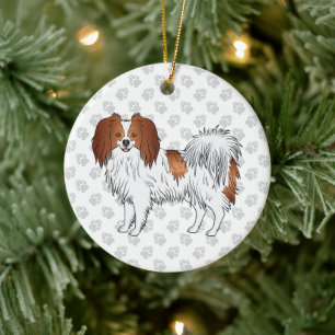 Phalène Dog In Red And White With Grey Paws Ceramic Tree Decoration