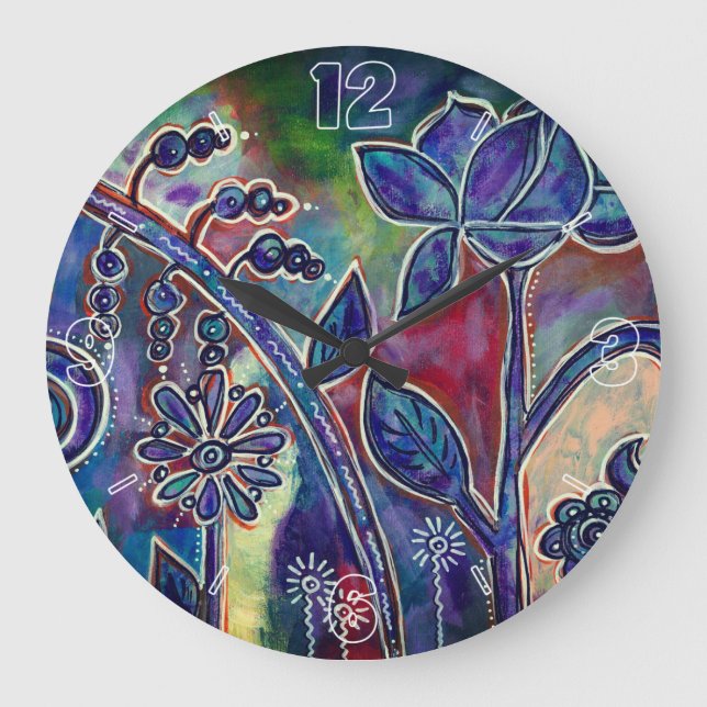 Phantasmagoric Lotus Flower Garden Original Art Large Clock (Front)