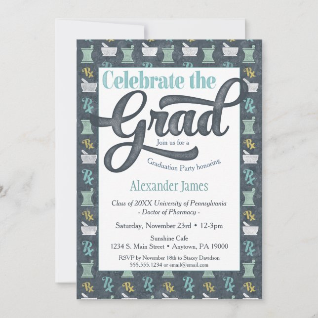 Pharmacist Graduation Party Invitation Grey Aqua (Front)