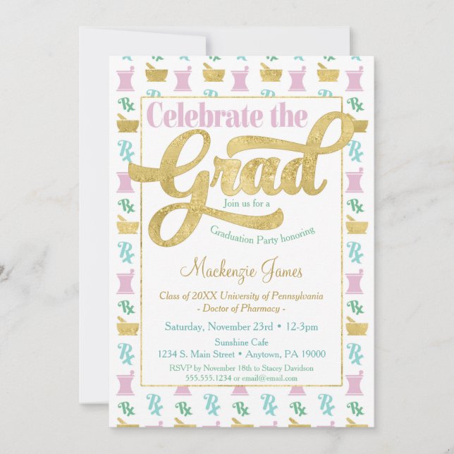 Pharmacist Graduation Party Invitation Pink Gold (Front)