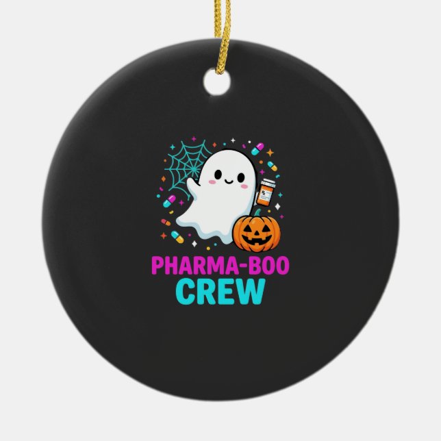 Pharmacist Halloween Pharma-Boo Crew Ghost Design_ Ceramic Tree Decoration (Front)