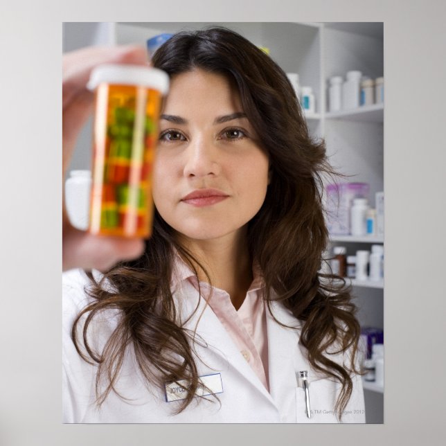 Pharmacist holding a pill bottle poster (Front)