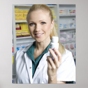 pharmacist holding pill bottle, smiling, poster