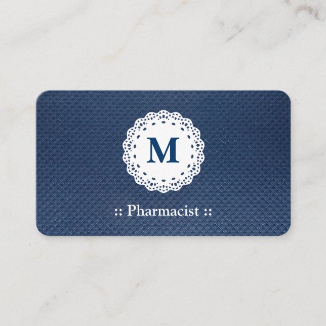 Pharmacist Lace Monogram Blue Pattern Business Card (Front)