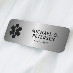 Pharmacist name title pharmacy  silver magnetic tag