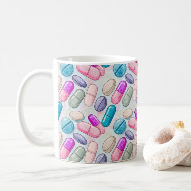 Pharmacist Pastel Pills Illustration Coffee Mug (With Donut)