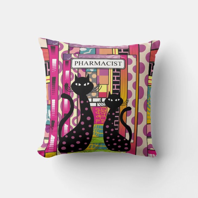 Pharmacist Pillow Whimsical Black Cats (Front)