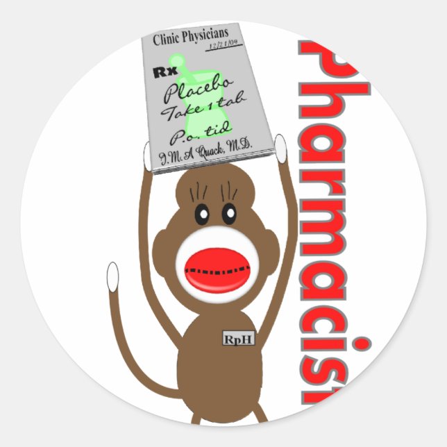 Pharmacist Sock Monkey Design---Adorable Gifts Classic Round Sticker (Front)