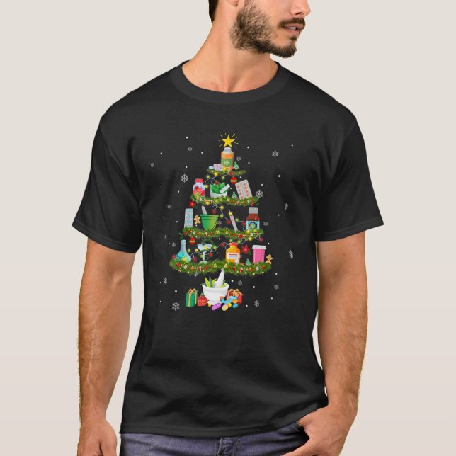 Pharmacist Tree Pharmacy Crew Christmas Pills Snow T-Shirt (Front)