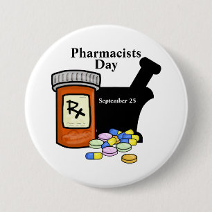 Pharmacists Day Button with Mortar, Pestile Pills