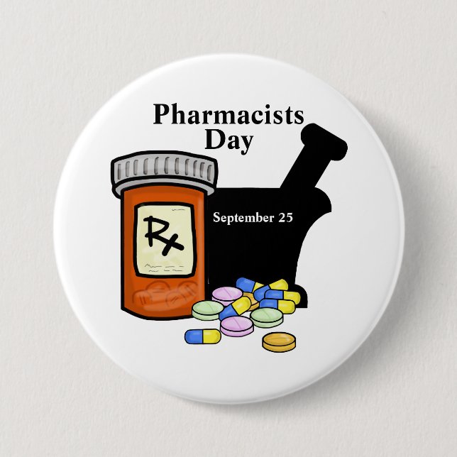 Pharmacists Day Button with Mortar, Pestile Pills (Front)