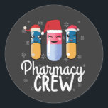Pharmacy Crew. Pharmacist Christmas T-Shirt Classic Round Sticker<br><div class="desc">Do you have a pharmacist boyfriend or girlfriend? Do you want to give him/her a funny gift? If so, This great design of "Pharmacy Crew" is for you. Funny pharmacy gift for pharmacist or pharma tech. Perfect for pharmacy technician or staff who must count pills. Design features open pill bottle...</div>