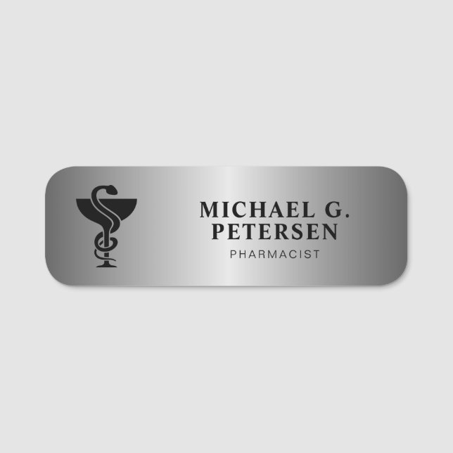 Pharmacy employee name title silver magnetic tag (Front)