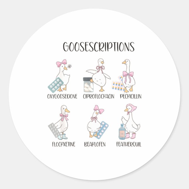 Pharmacy Funny Goose Silly Prescriptions Puns Medi Classic Round Sticker (Front)