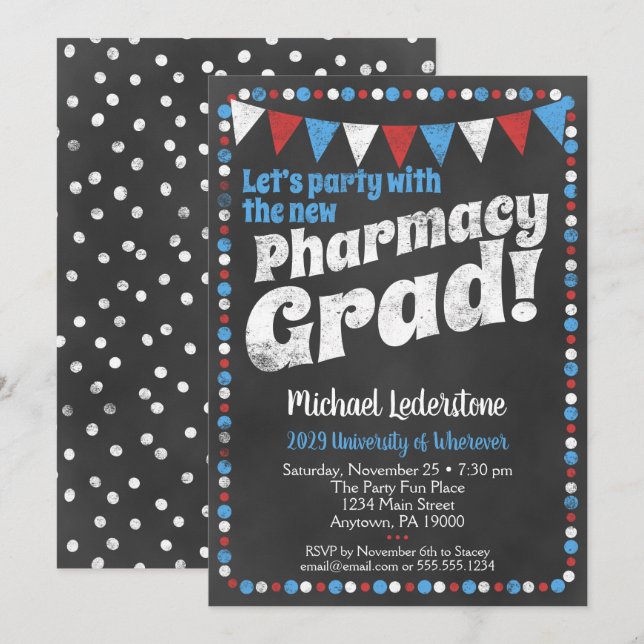 Pharmacy Graduation Party Invitation Red Blue (Front/Back)