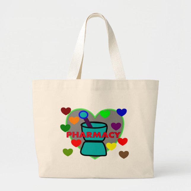 "PHARMACY"  Multi Colour Hearts Large Tote Bag (Front)