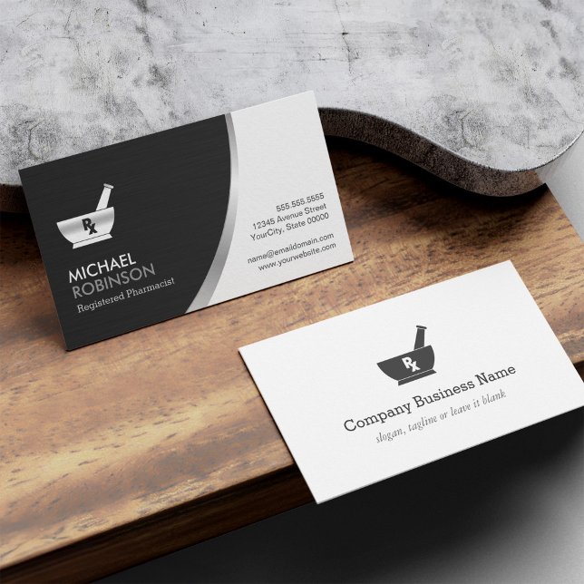 Pharmacy Pharmacist Logo - Modern Black Silver Business Card (Creator Uploaded)