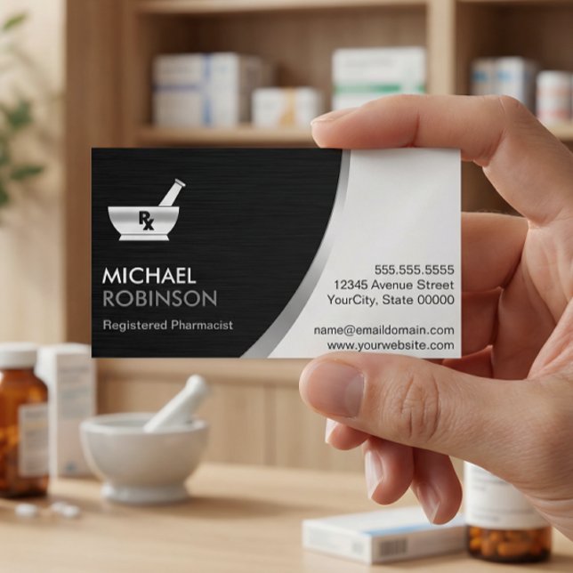 Pharmacy Pharmacist Logo - Modern Black Silver Magnetic Business Card (Creator Uploaded)