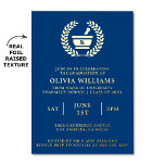 Pharmacy School Navy And Gold Graduation Party<br><div class="desc">Announce your pharmacy graduate's momentous achievement in style. This elegant graduation party invitation features a stunning raised metallic foil design on a navy blue background. A classic pestle and mortar with the letters RX takes centre stage, framed by a laurel wreath symbolising victory and achievement. The foil adds a touch...</div>