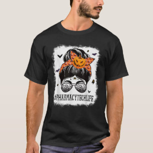 Pharmacy Tech Messy Bun Spooky Pumpkin Halloween C T-Shirt