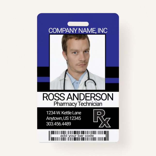 Pharmacy Technician Photo Badge - Blue and Black ID Badge (Front)