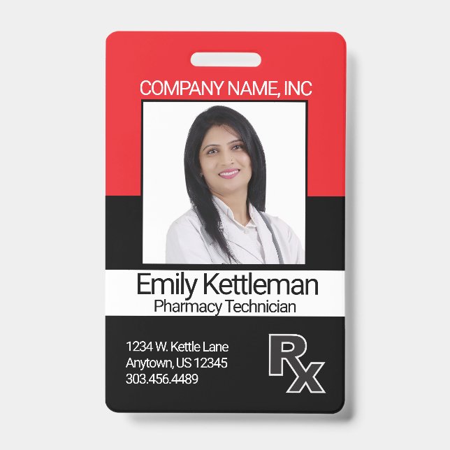Pharmacy Technician Photo Badge - Red and Black ID Badge (Front)