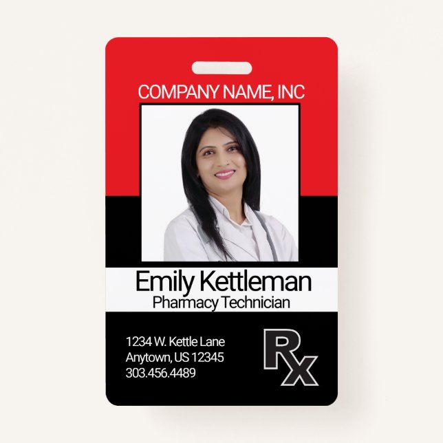 Pharmacy Technician Photo Badge - Red and Black ID Badge (Front)