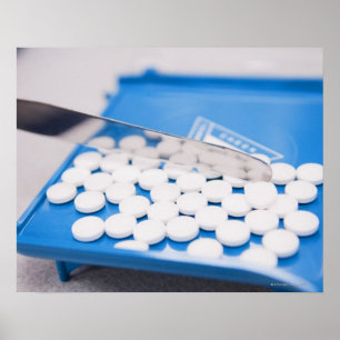 Pharmacy tools, pills, medication poster