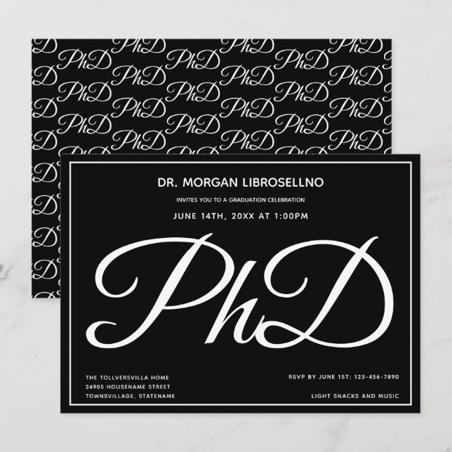 PhD degree Black Graduation Party Invitation (Front/Back)