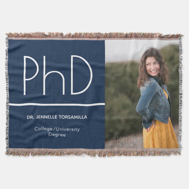 PhD degree Blue White Graduation Photo Throw Blanket (Front)