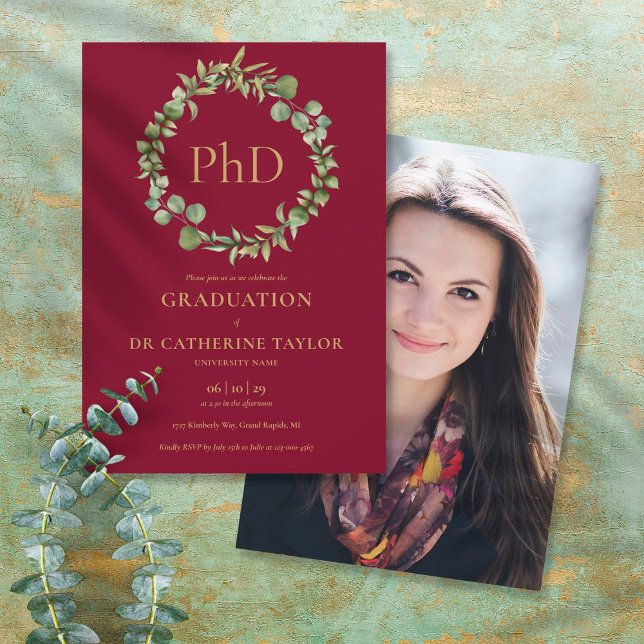 PhD Degree Burgundy Garland Photo Graduation Party Invitation (Creator Uploaded)