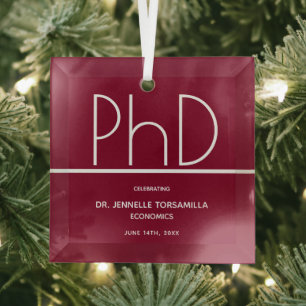 PhD degree Burgundy Keepsake Graduation Glass Tree Decoration