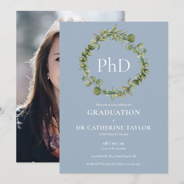 PhD Degree Dusty Blue Garland Photo Graduation Invitation (Front/Back)
