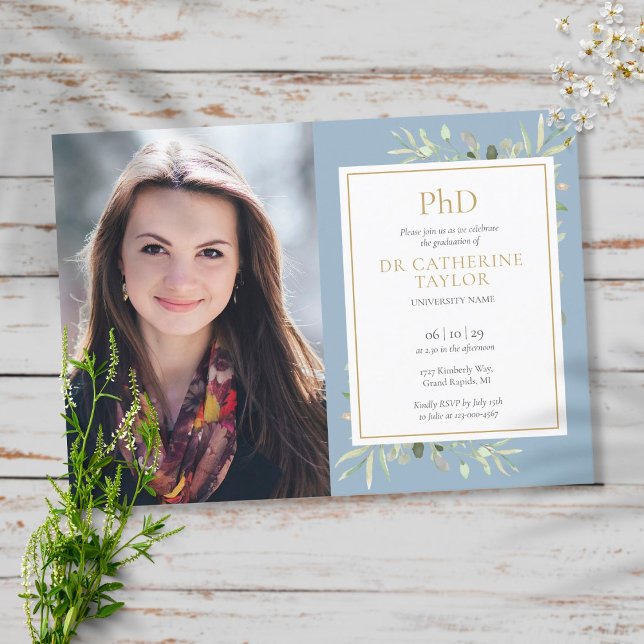 PhD Degree Dusty Blue Greenery Graduation Photo Invitation (Creator Uploaded)