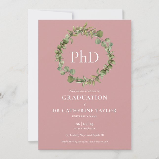 PhD Degree Dusty Rose Garland Graduation Invitation (Front)