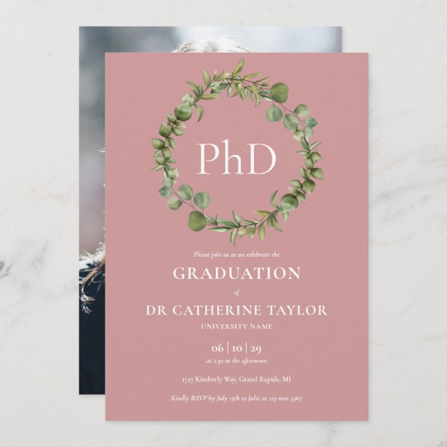 PhD Degree Dusty Rose Garland Photo Graduation Invitation (Front/Back)