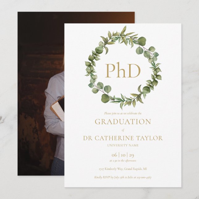 PhD Degree Elegant Garland Photo Graduation Party Invitation (Front/Back)