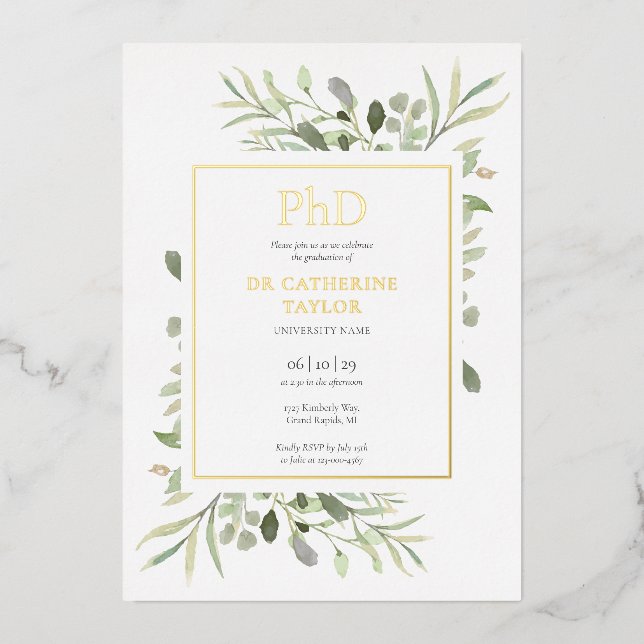 Phd Degree Elegant Greenery Photo Graduation Gold (Front)