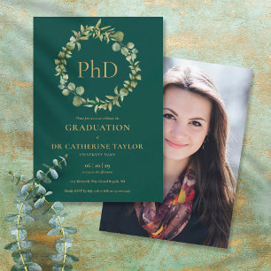 PhD Degree Emerald Garland Photo Graduation Party Invitation