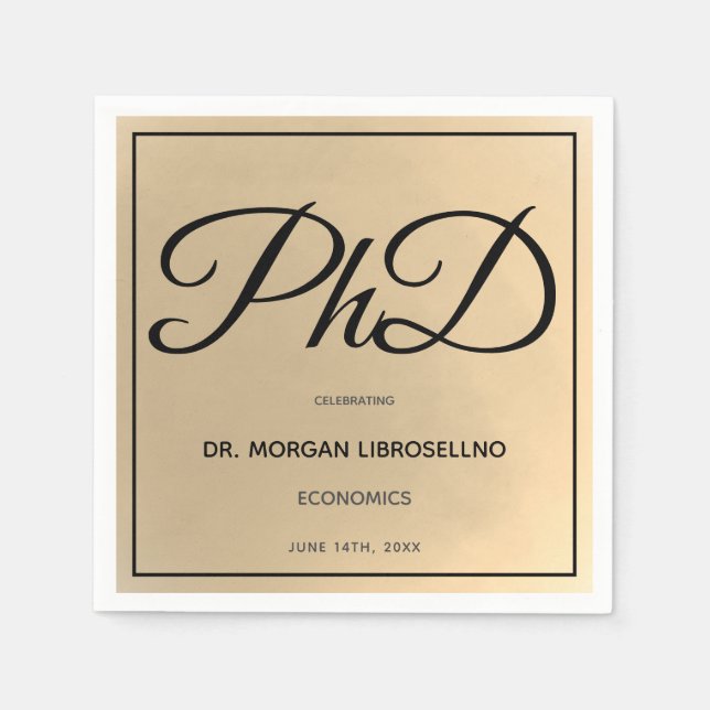 PhD degree Gold Black Graduation Party Napkin (Front)