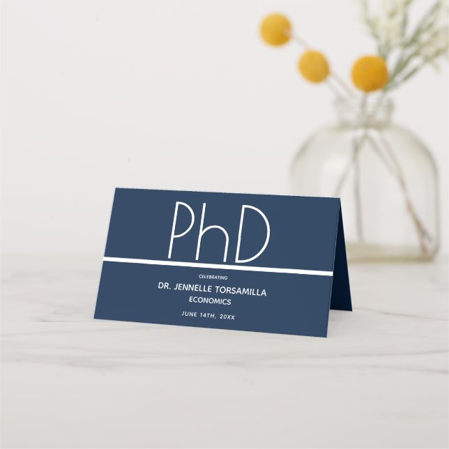 PhD degree Graduation Party Blue Place Card (Back)