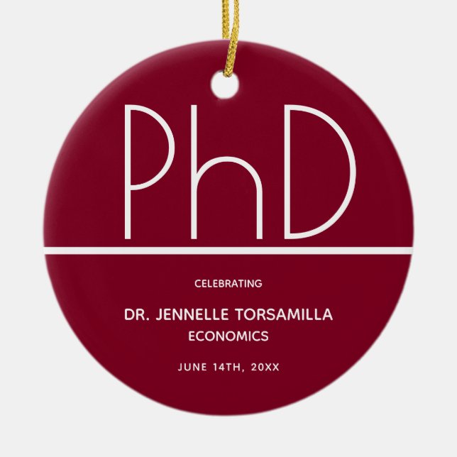 PhD degree Graduation Party Burgundy Keepsake Ceramic Tree Decoration (Front)