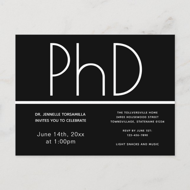 PhD degree Graduation Party Invitation Black Postcard (Front)