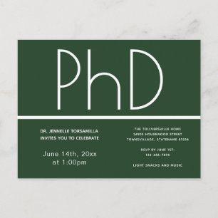 PhD degree Graduation Party Invitation Green Postcard