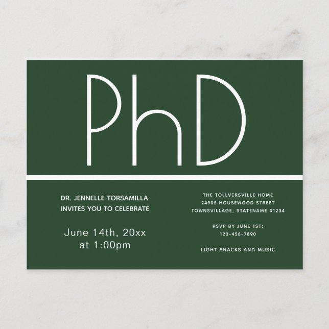 PhD degree Graduation Party Invitation Green Postcard (Front)