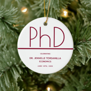 PhD degree Graduation White Burgundy Keepsake Ceramic Tree Decoration