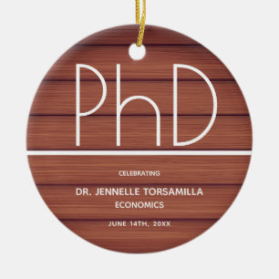 PhD degree Graduation Wood Background Keepsake Ceramic Tree Decoration