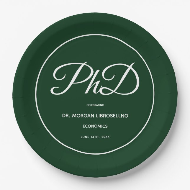 PhD degree Green Graduation Party Paper Plate (Front)