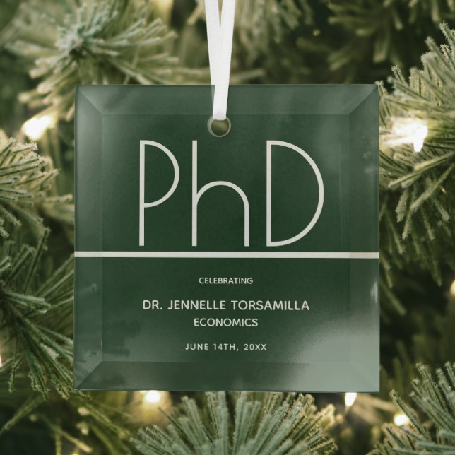 PhD degree Green Keepsake Graduation Glass Tree Decoration (Insitu)